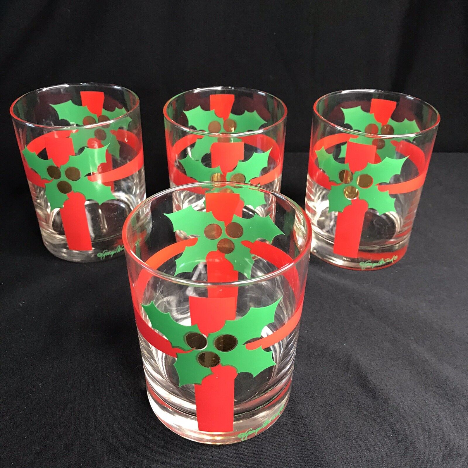 Vintage Georges Briard Set/4 Beverage Glasses Christmas Holly Red Green 4