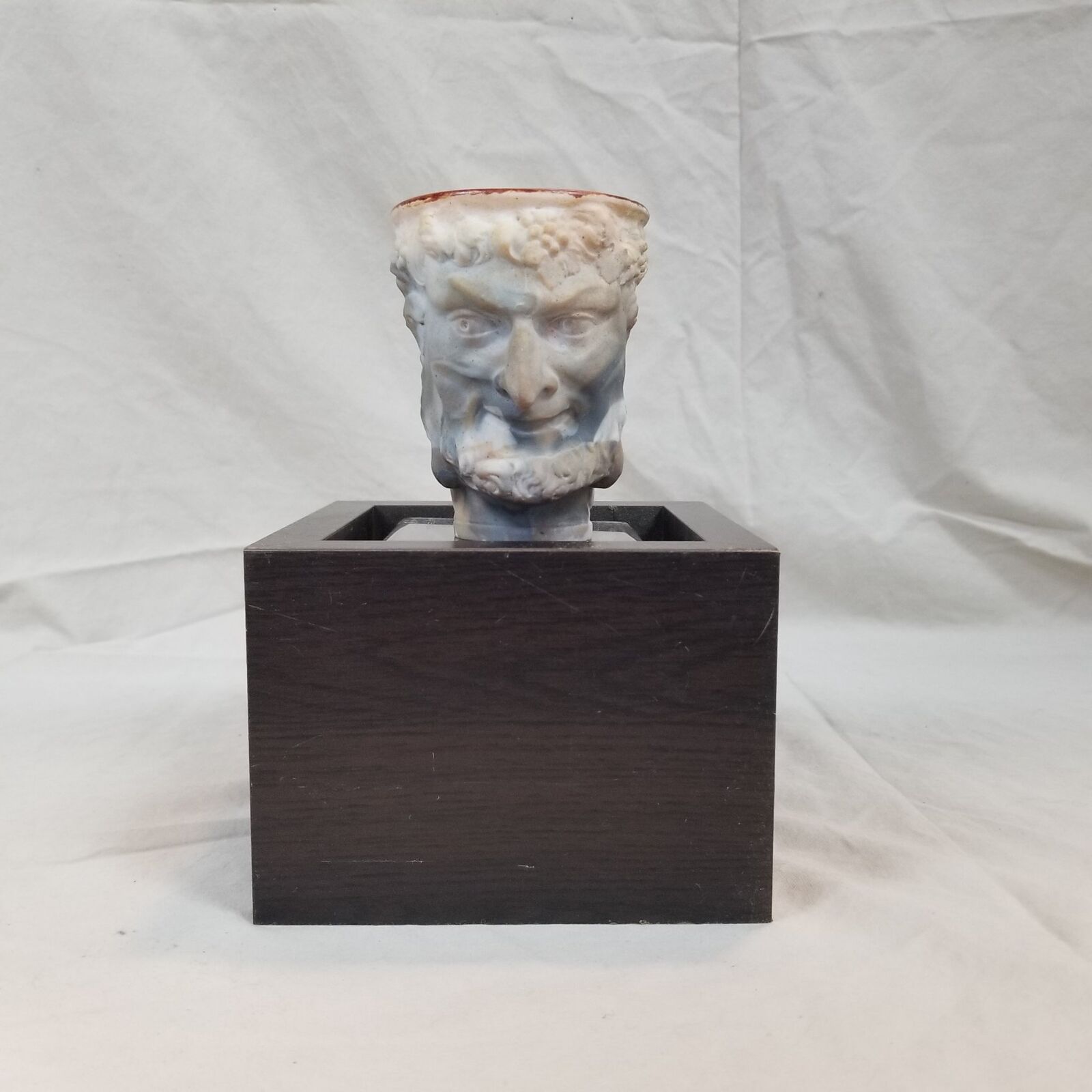 Incolay Face Cup Mug Carved Stone God Grapes Wine Brown Black