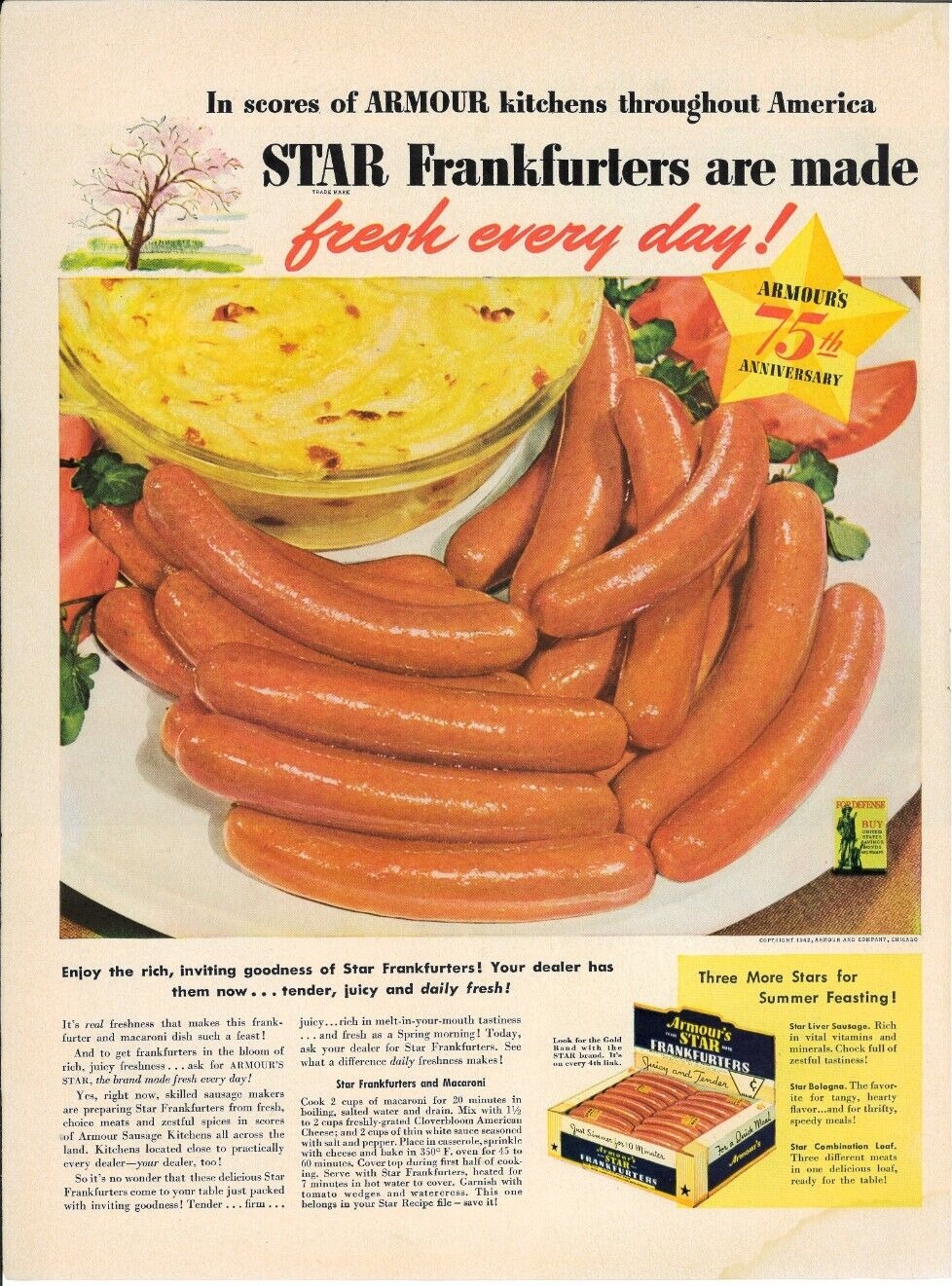1942 ARMOUR Frankfurters Hot Dogs Recipe Vintage Magazine Print Ad 10.25\