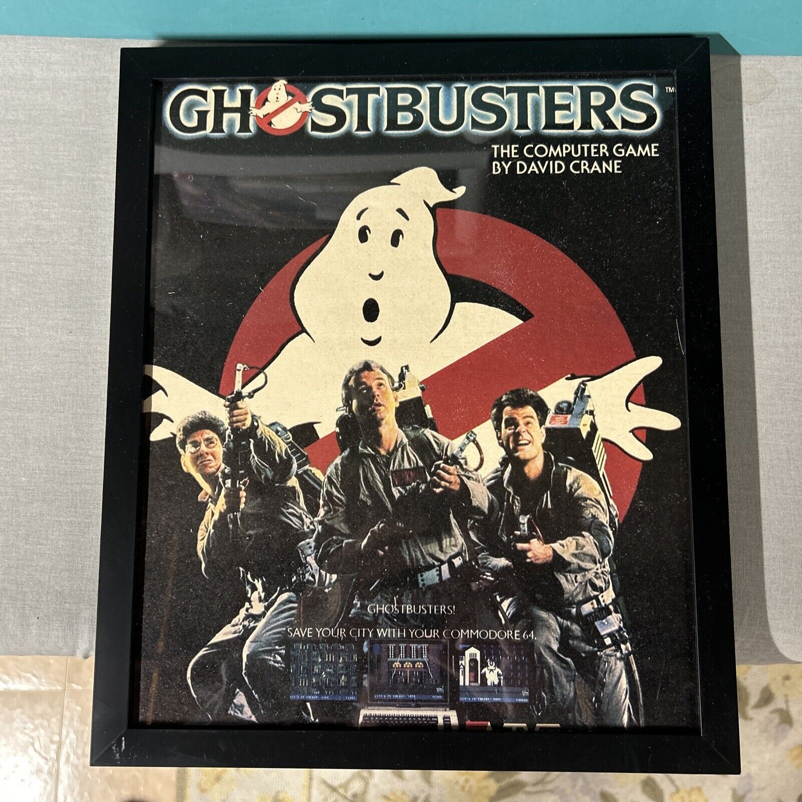 FRAMED 1984 GHOSTBUSTERS COMMODORE 64 ACTIVISION GAME PROMO AD Approx 11”x13”