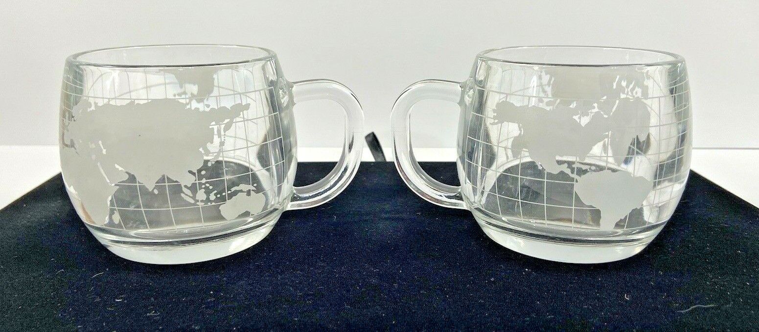 Vintage The Nestle World Globe Etched Clear Glass Coffee Mug Tea Cup 1970s Pair