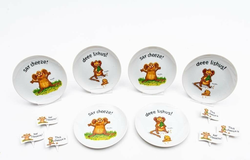 Vtg 1976 Suzy\'s Zoo (6) Cheese Plates & (6) Markers Porcelain by Enesco Japan