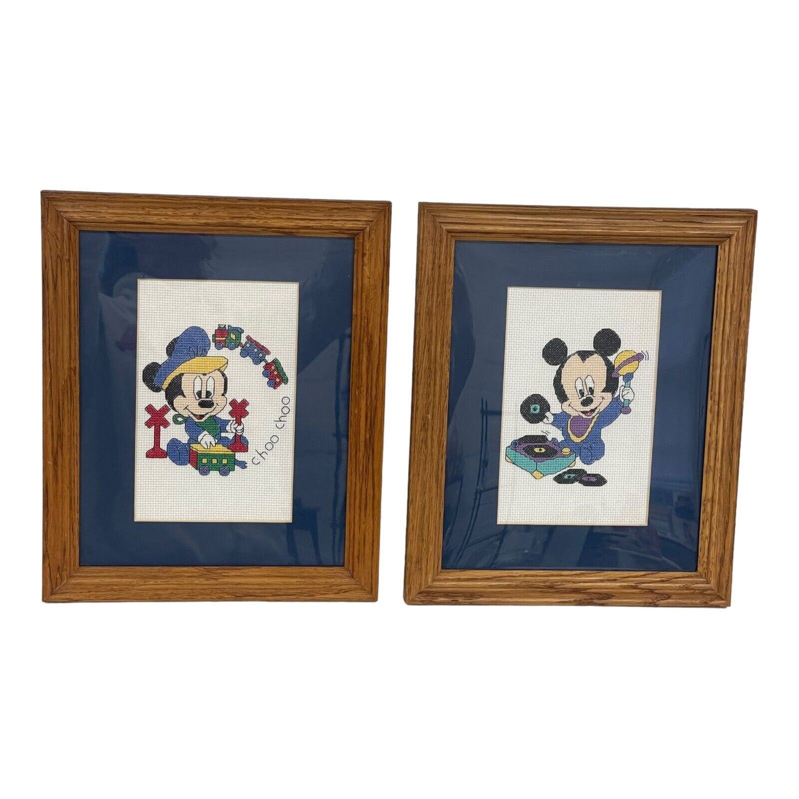 Framed 8x10 Mickey Mouse Nursery Themed Crossstitch 80’s Set Of 2