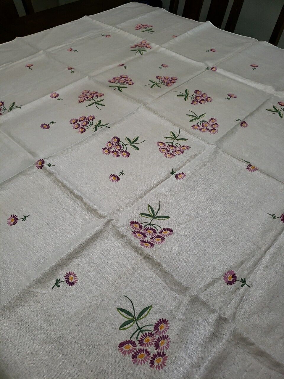 Vintage Hand Painted Tablecloth 92 x 56 Floral Linen Cotton Oblong 8 Napkins 