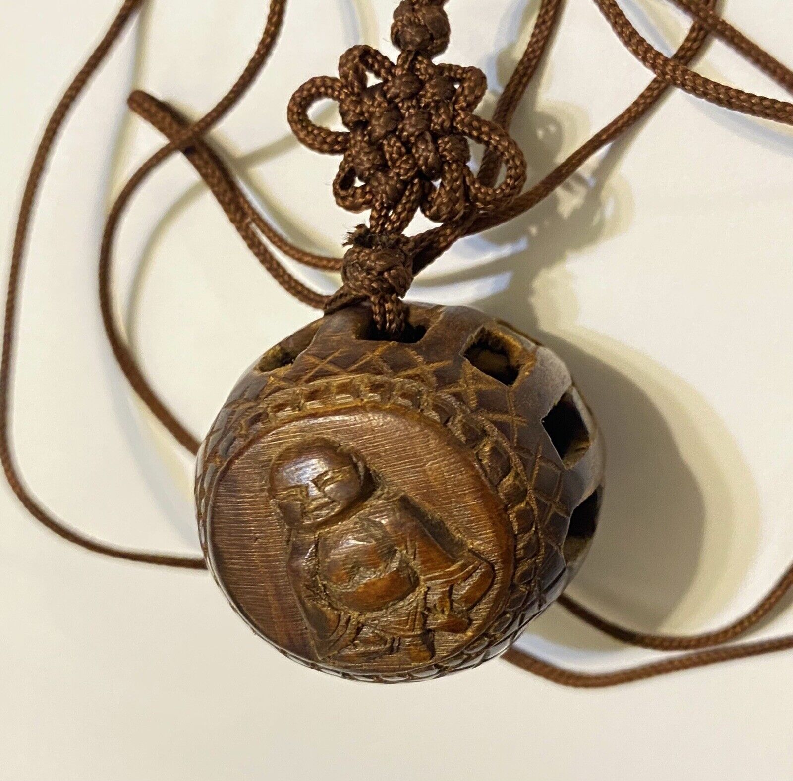 14 In Chinese Wood Buddha Carving Necklace - Vintage - Rare