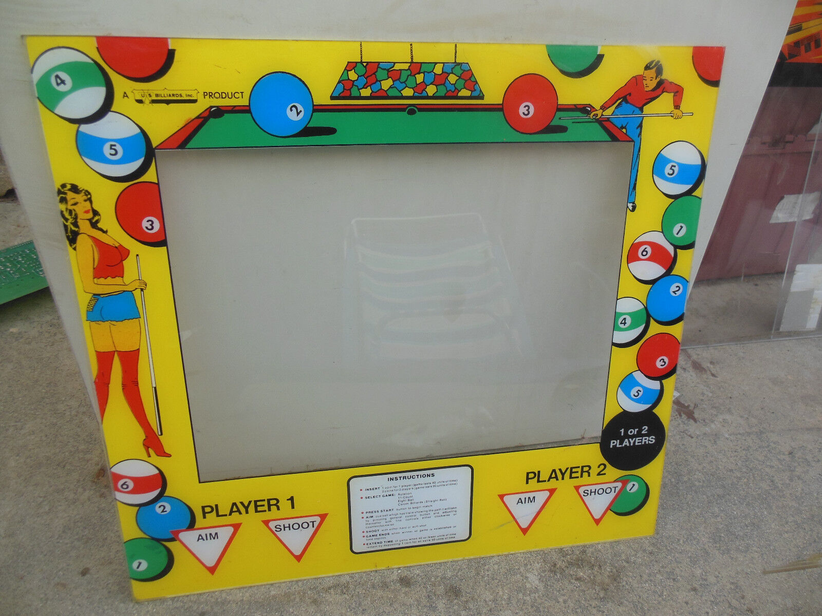 UNKOWN US BILLARDS ORIGINAL 23 1/2-22\'\' vintage arcade game monitor plexi bezel