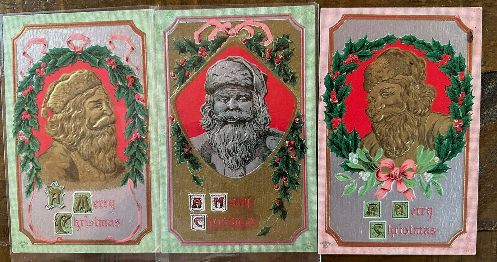 Lot of 3 ~SANTA CLAUS~with Holly -Antique~Airbrushed Christmas Postcards~k295