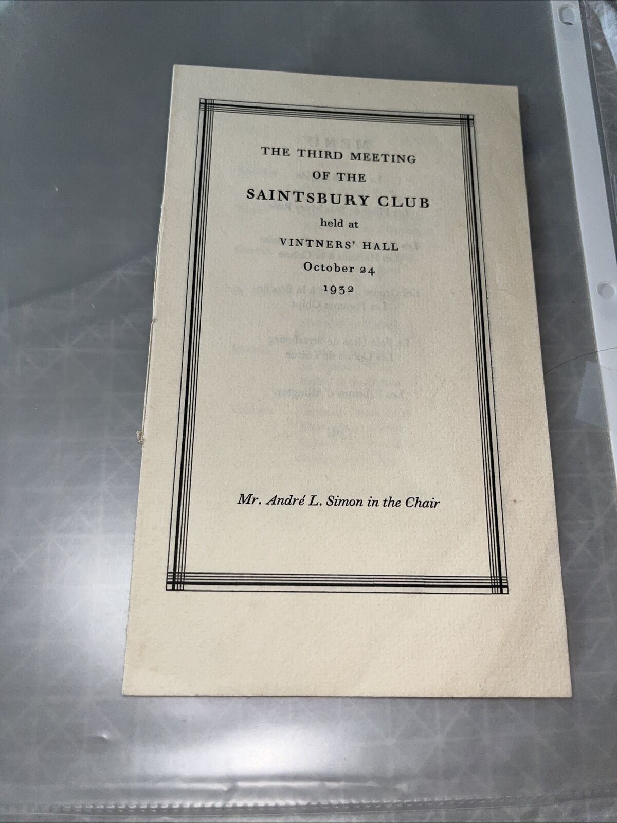 1932 THE SAINTSBURY Club Meeting Program Andre Simon Chair Wine Tasting Vintner