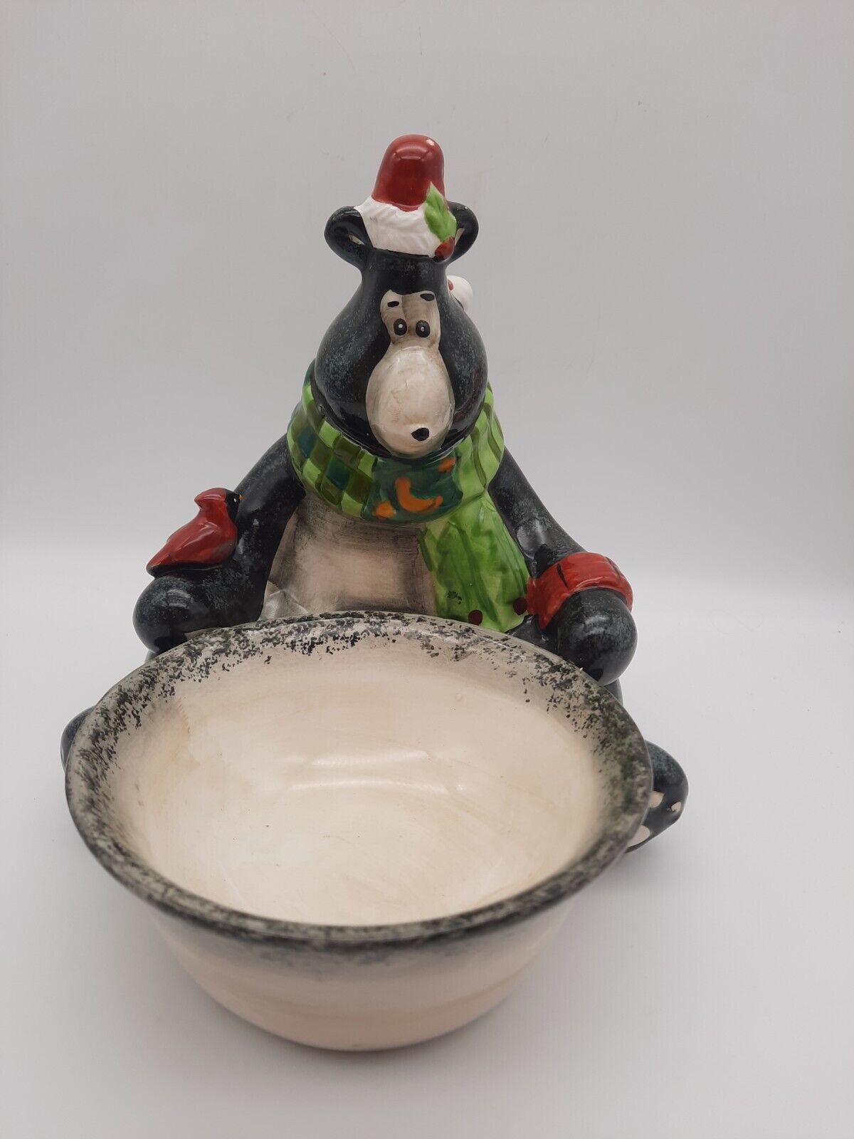 Vintage WCL Porcelain Black Bear Candy Dish/Bowl Pottery Santa hat Red Bird