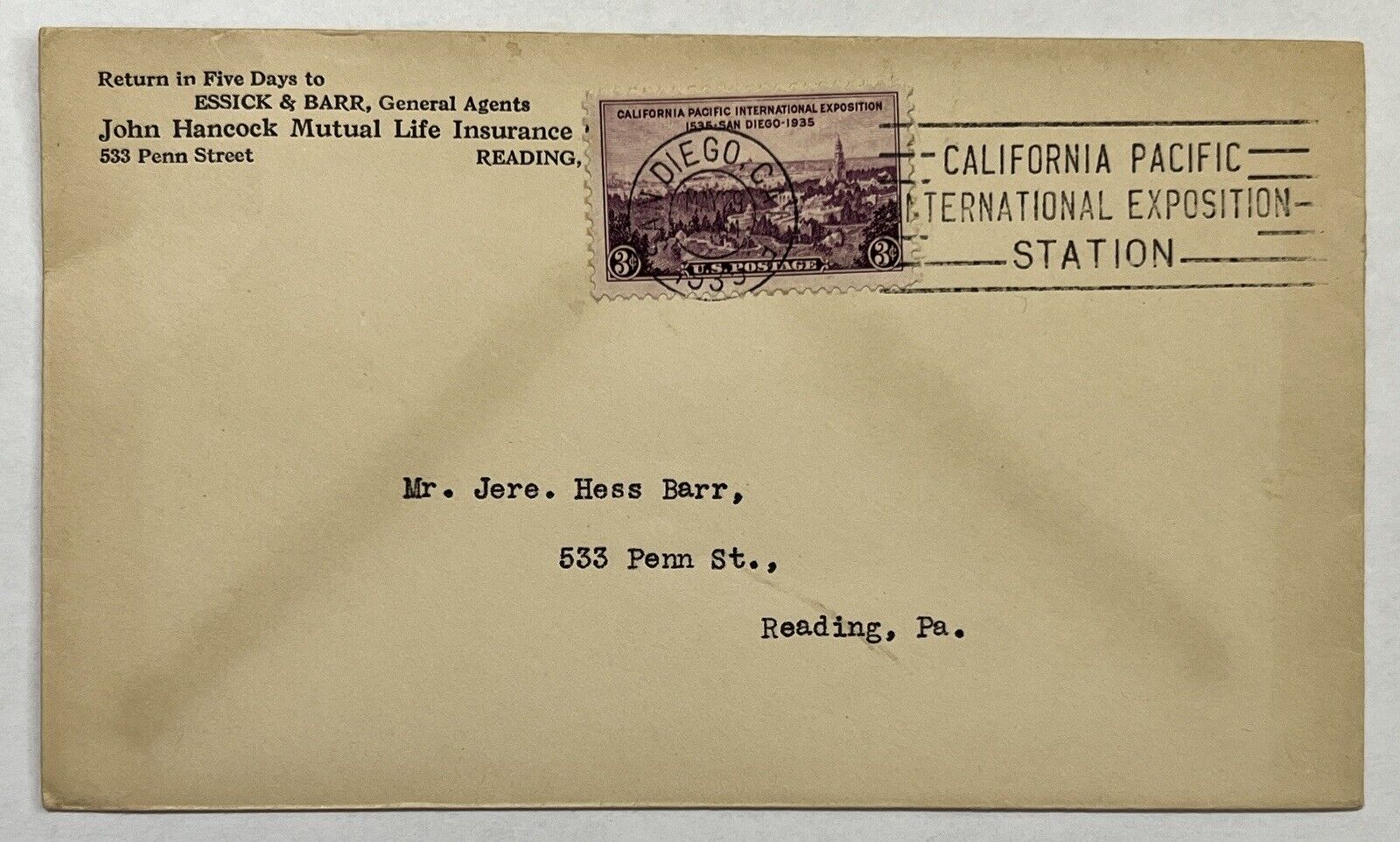 1935 SAN DIEGO DONUT CANCEL COVER CALIFORNIA PACIFIC INTERNATIONAL EXPOSITION