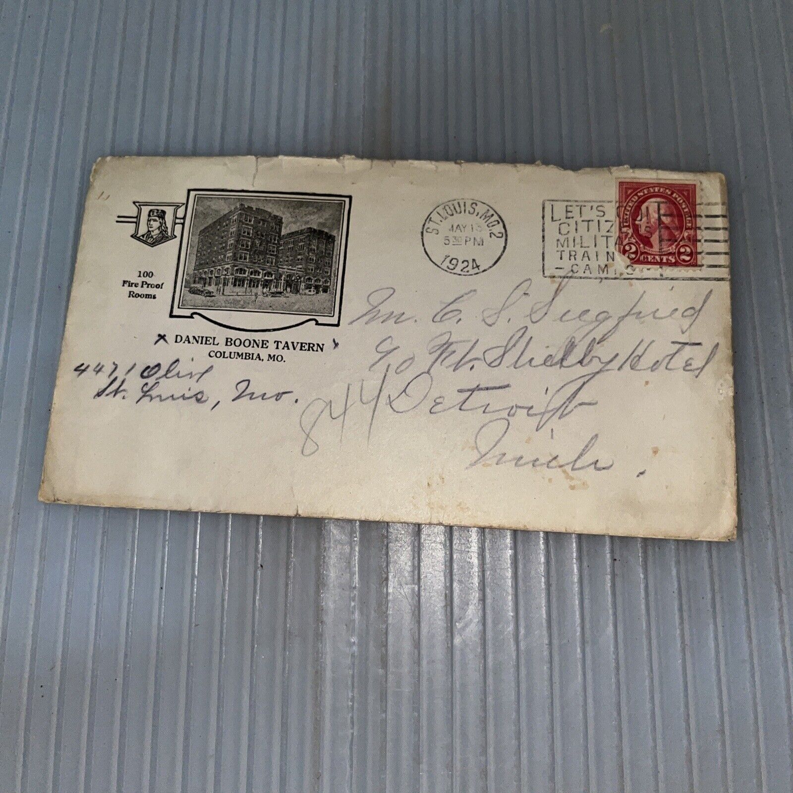 Antique 1924 Envelope Daniel Boone Tavern  Hotel Letterhead Columbia MO Missouri