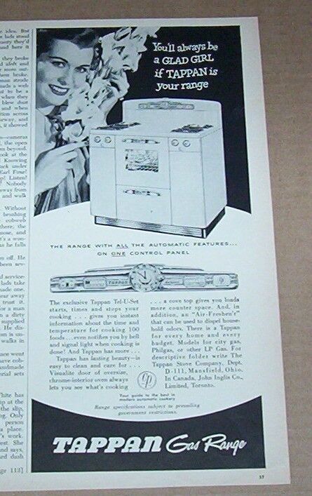1951 advertising -Tappan Gas Ranges Mansfield Ohio - Always a Glad Girl PRINT AD