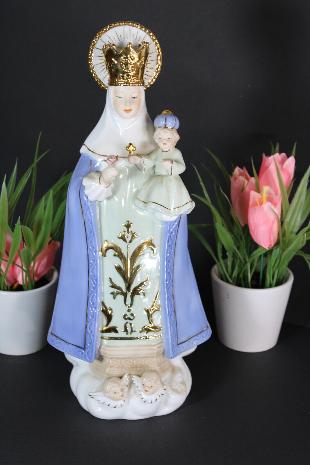 Vintage french porcelain madonna figurine statue with angels 