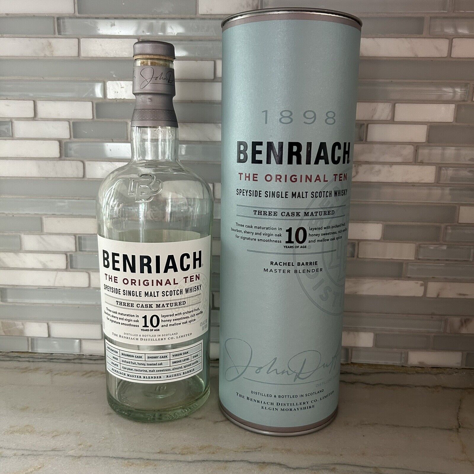 BENRIACH SCOTCH WHISKY 10 year empty bottle and  HARD PAPER CASE blue