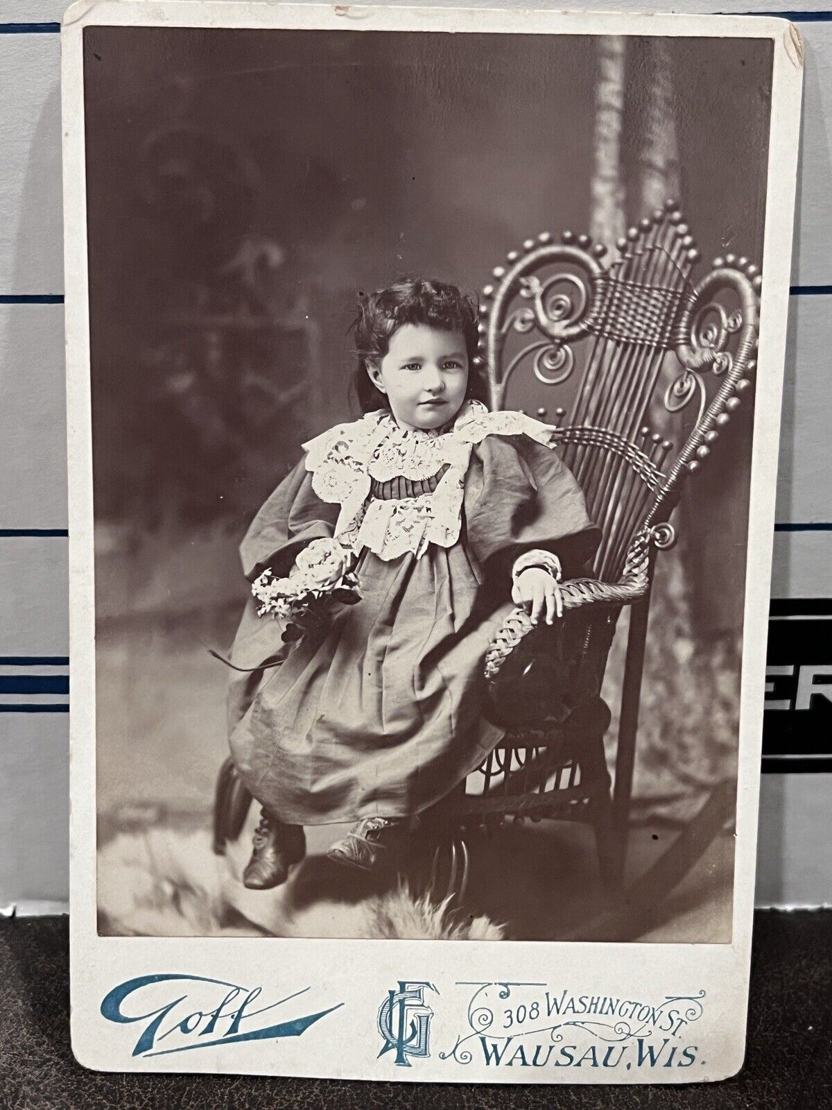c1880 Beautiful Little Girl Holding Flowers Wausau Wisconsin WI Cabinet Card