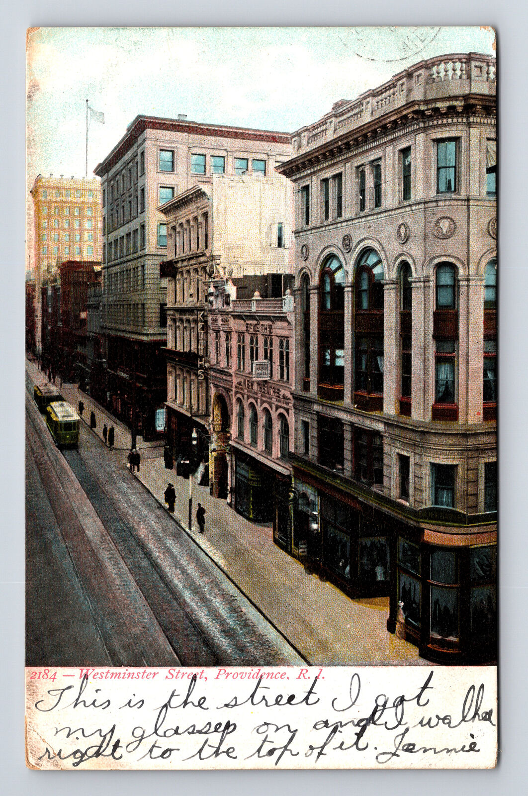 1907 Providence RI Westminster Street View Trolley Cars Postcard