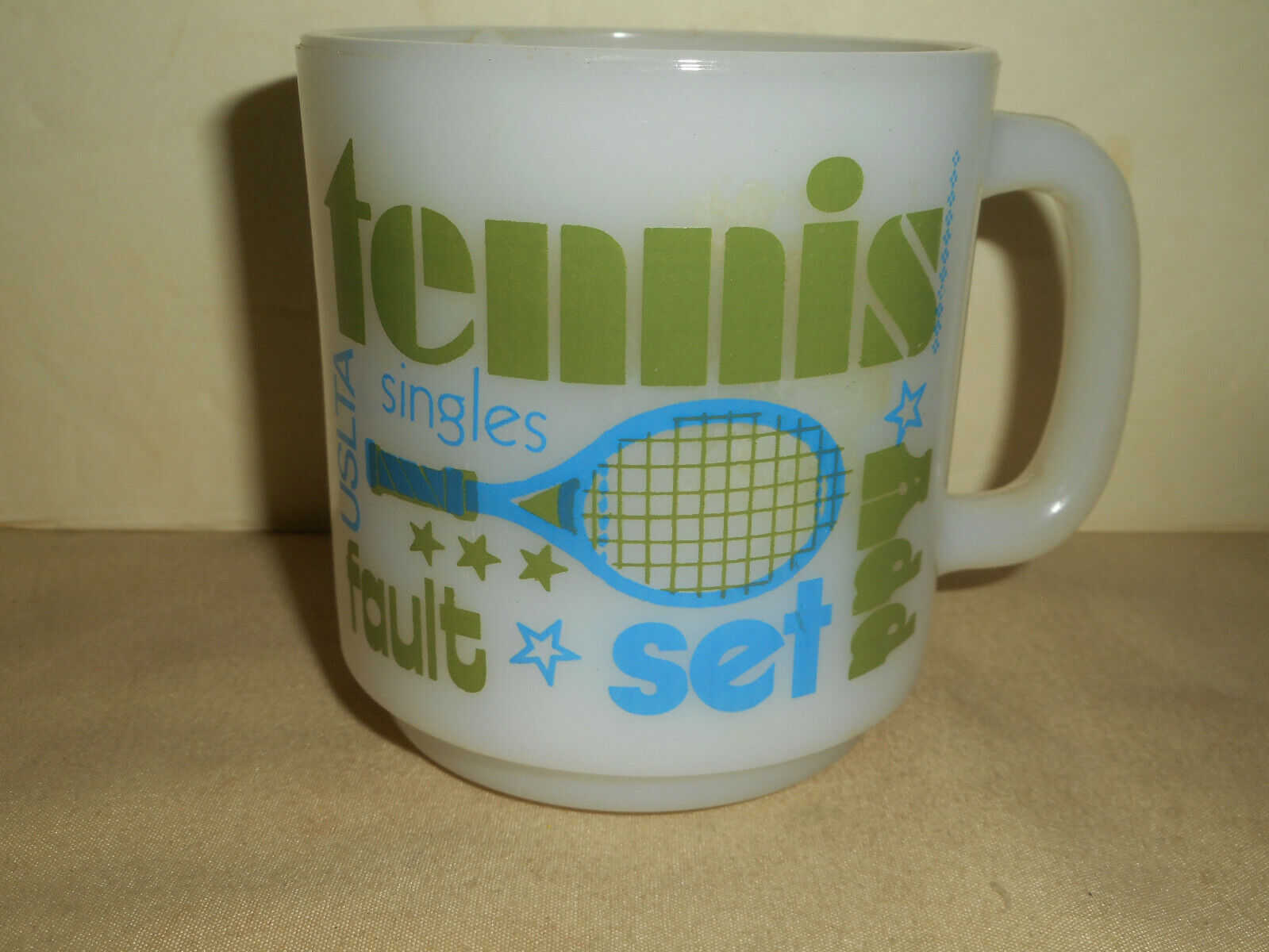 Vintage GLASBAKE Milk Glass Coffee Mug Wimbledon Tennis USLTA Retro 1970\'s