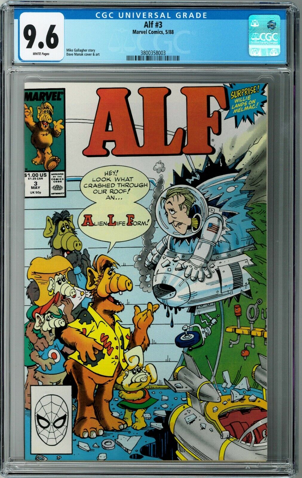 ALF #3 CGC 9.6 (May 1988, Marvel) Dave Manak cover, white pgs., Willie on Melmac