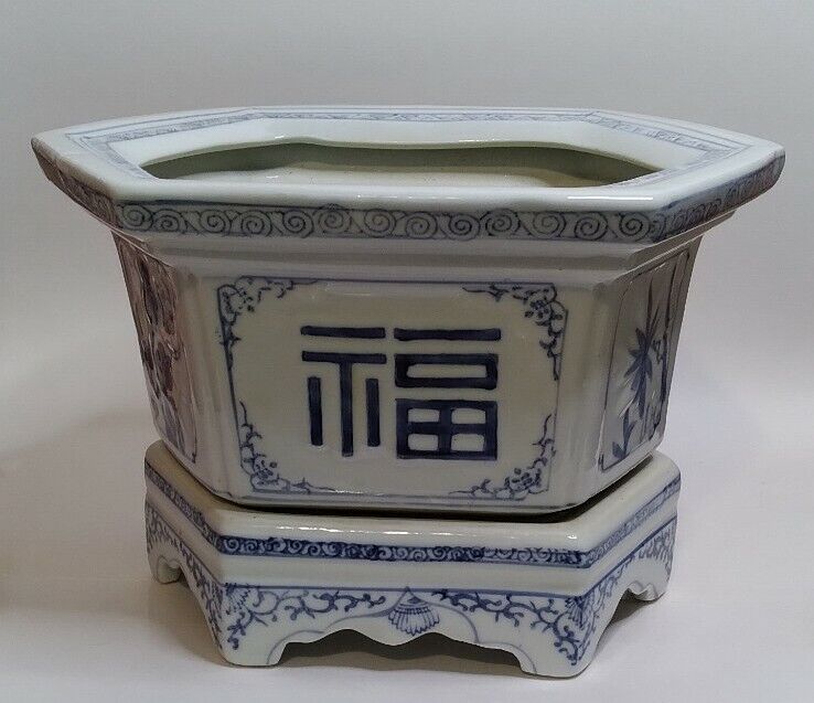 Vintage Japanese Blue & White Flower Pot With Tray Planter Excellent  Condition 