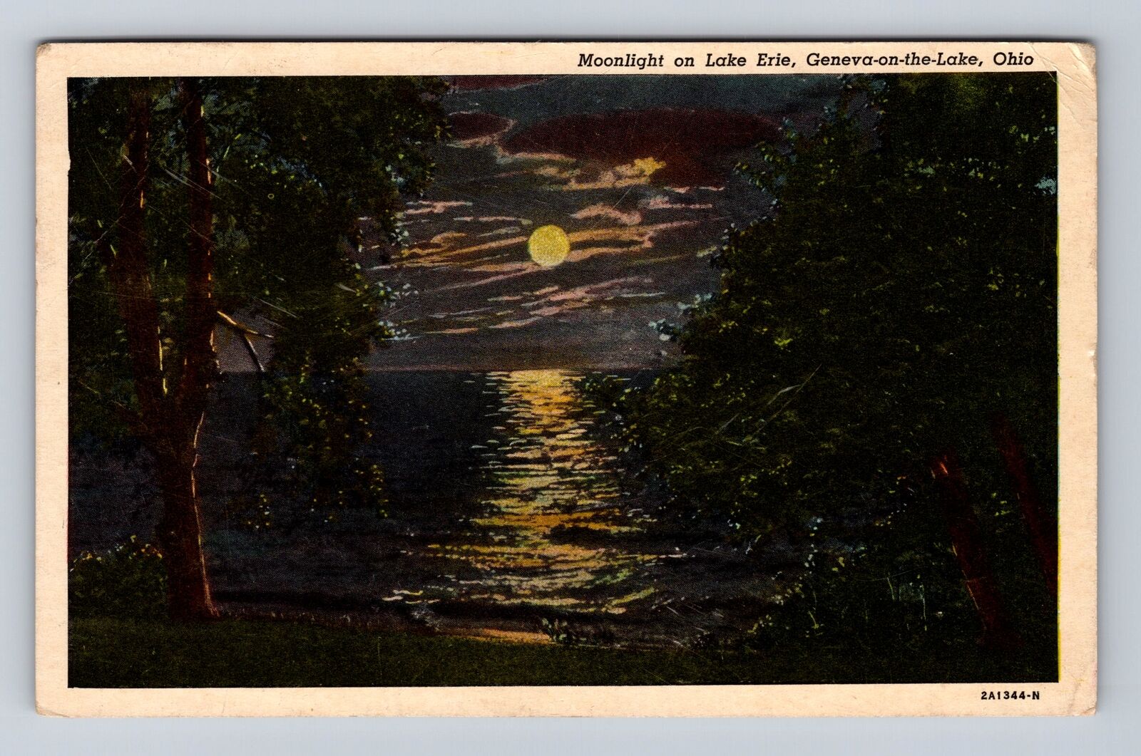 Geneva On The Lake OH-Ohio, Moonlight On Lake Erie, Vintage c1954 Postcard