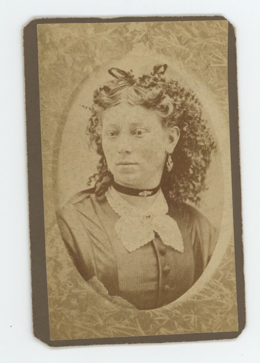 Antique CDV Circa 1870s Stunning Beautiful Woman Curly Hair Choker Elkhart, IN