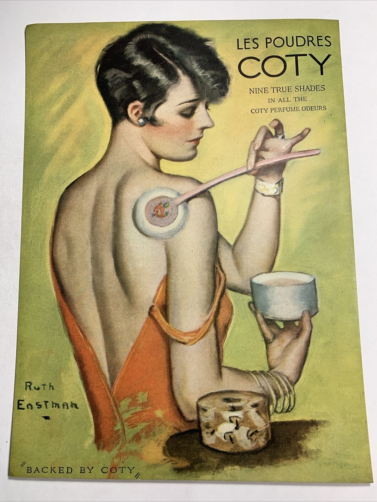 C 1920’s Coty Powder Perfume Cosmetic Ad Beautiful Flapper Girl Ruth Eastman Art