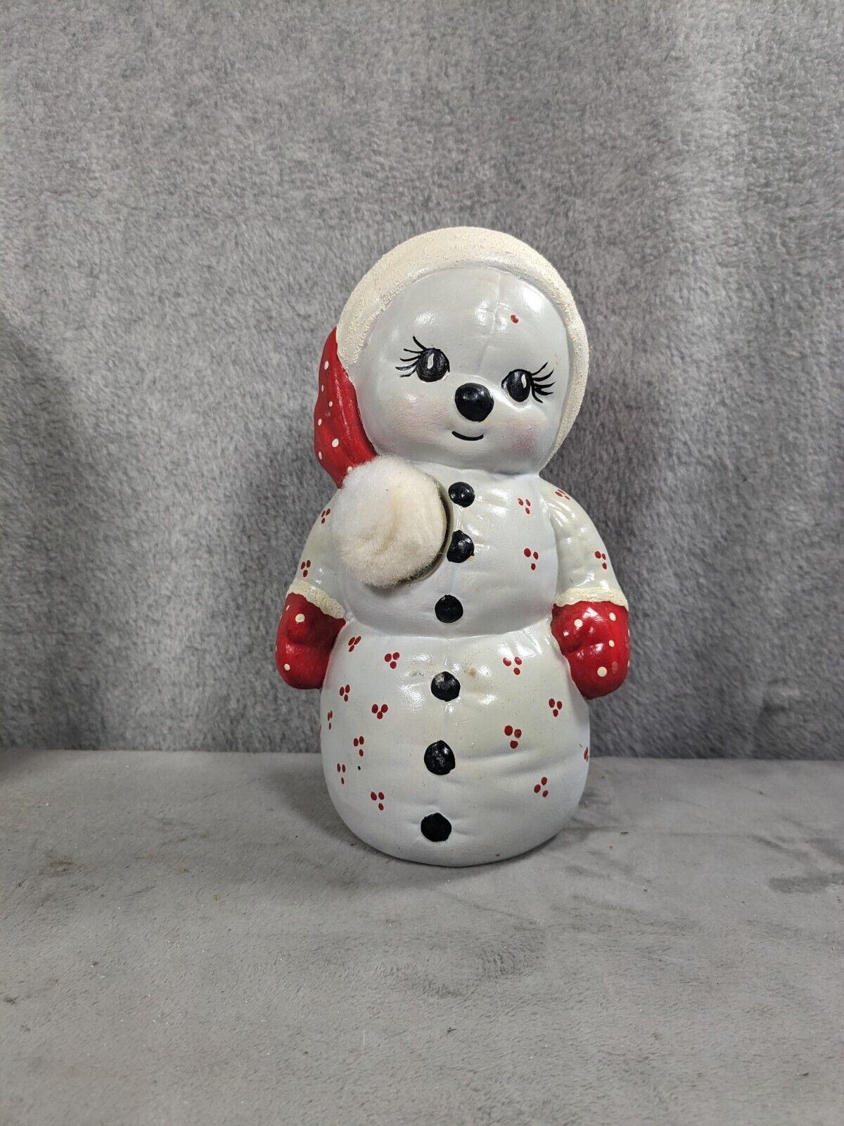 Vintage Ceramic Mold Red Snowman With Fluffy Hat Tail 9” Figurine