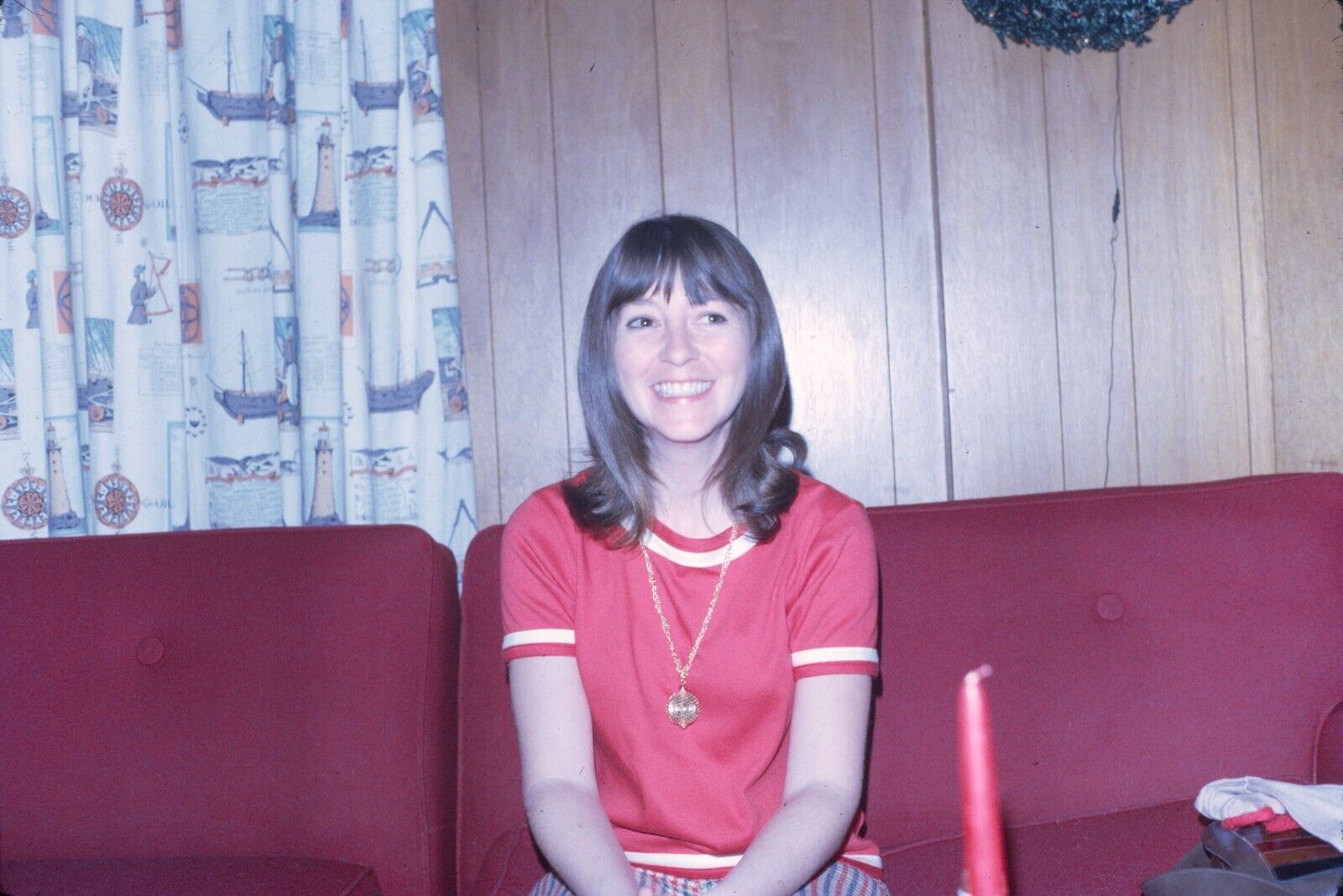 1972 Young Woman Smiling on Couch Vintage 35mm Slide