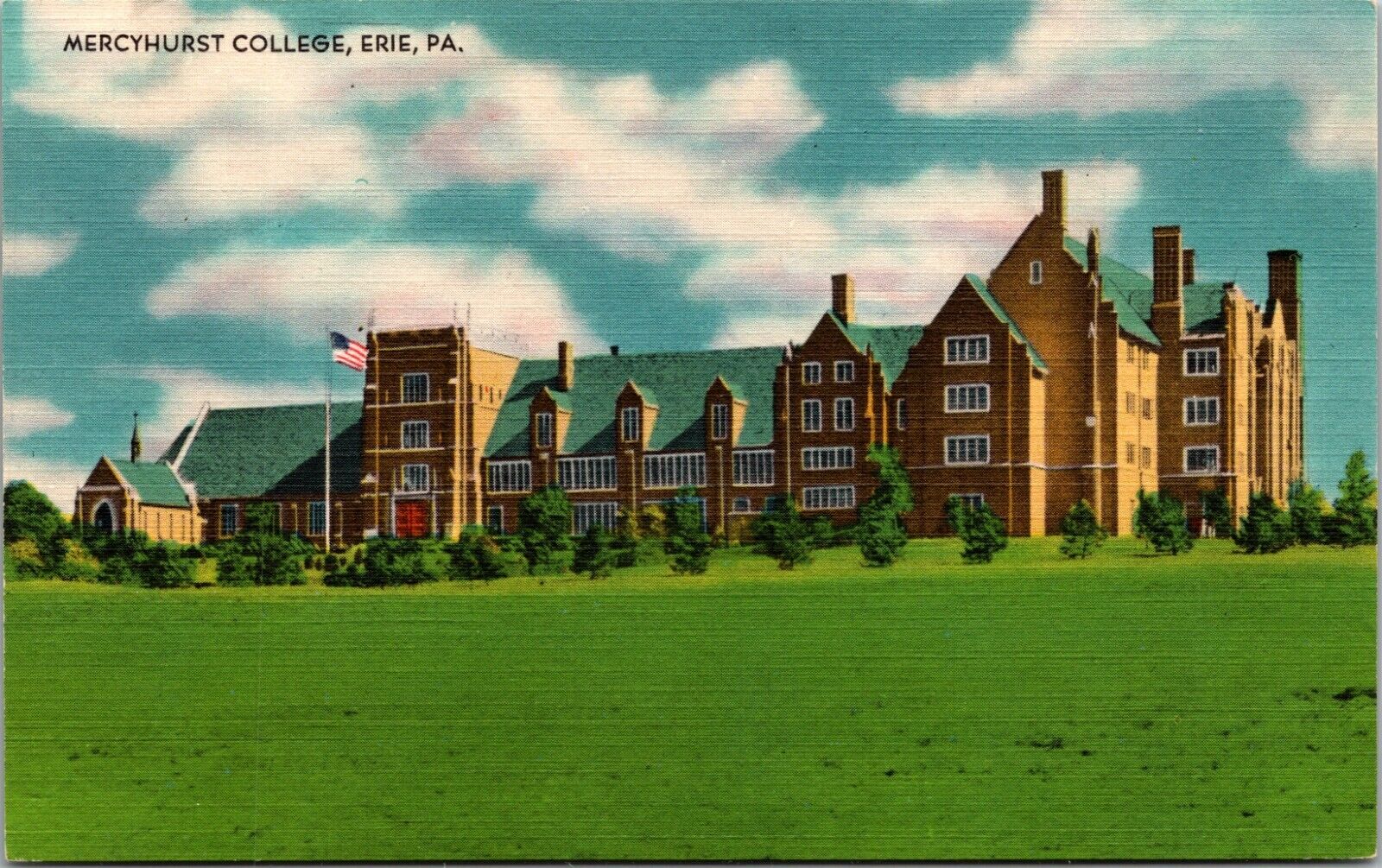 Erie Pennsylvania PA Mercyhurst College Linen Vintage Postcard