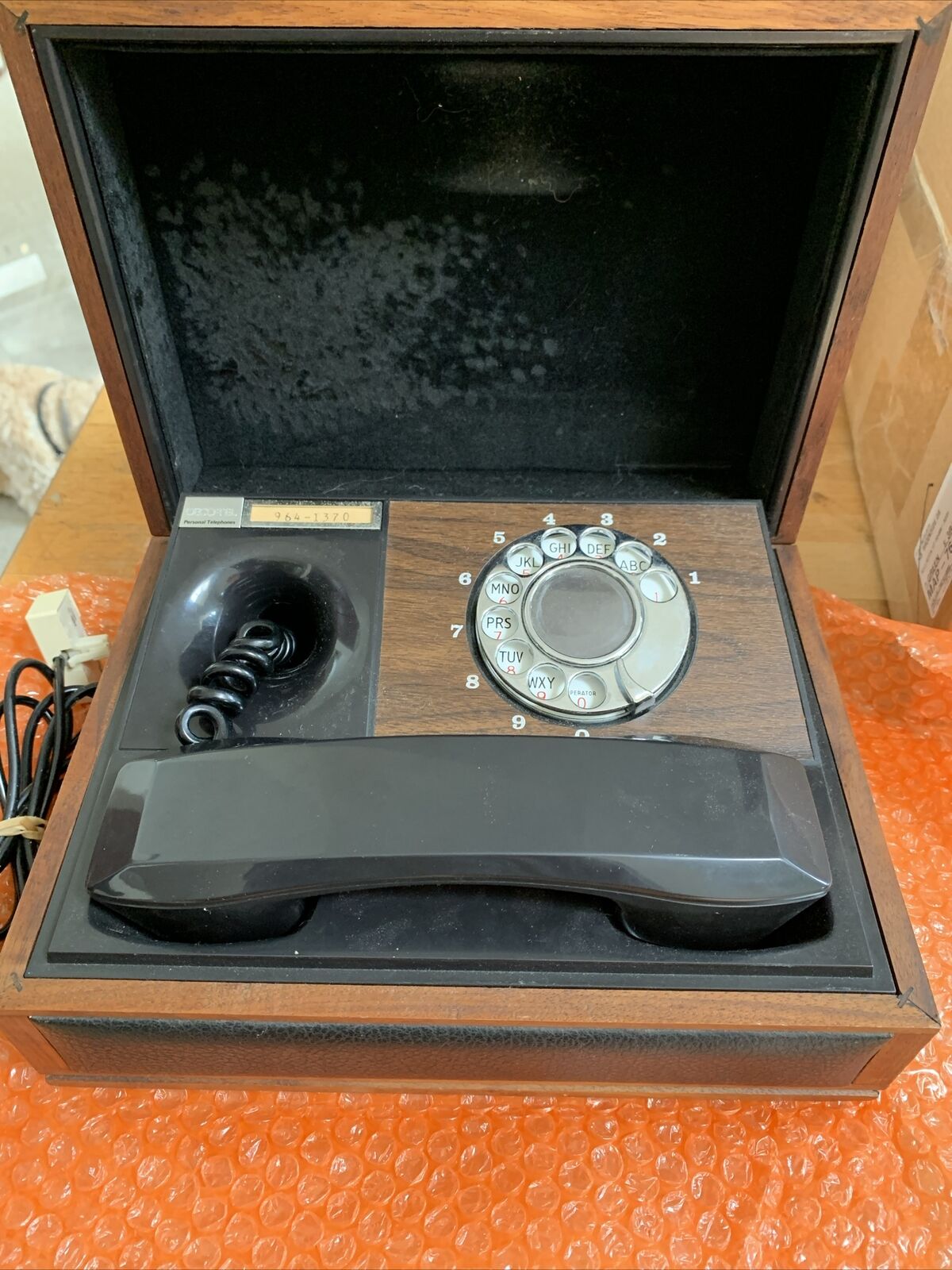 Retro 60/70s DECOTEL rotary Phone In Vintage Leather/ Wood Case w/ Original Cord