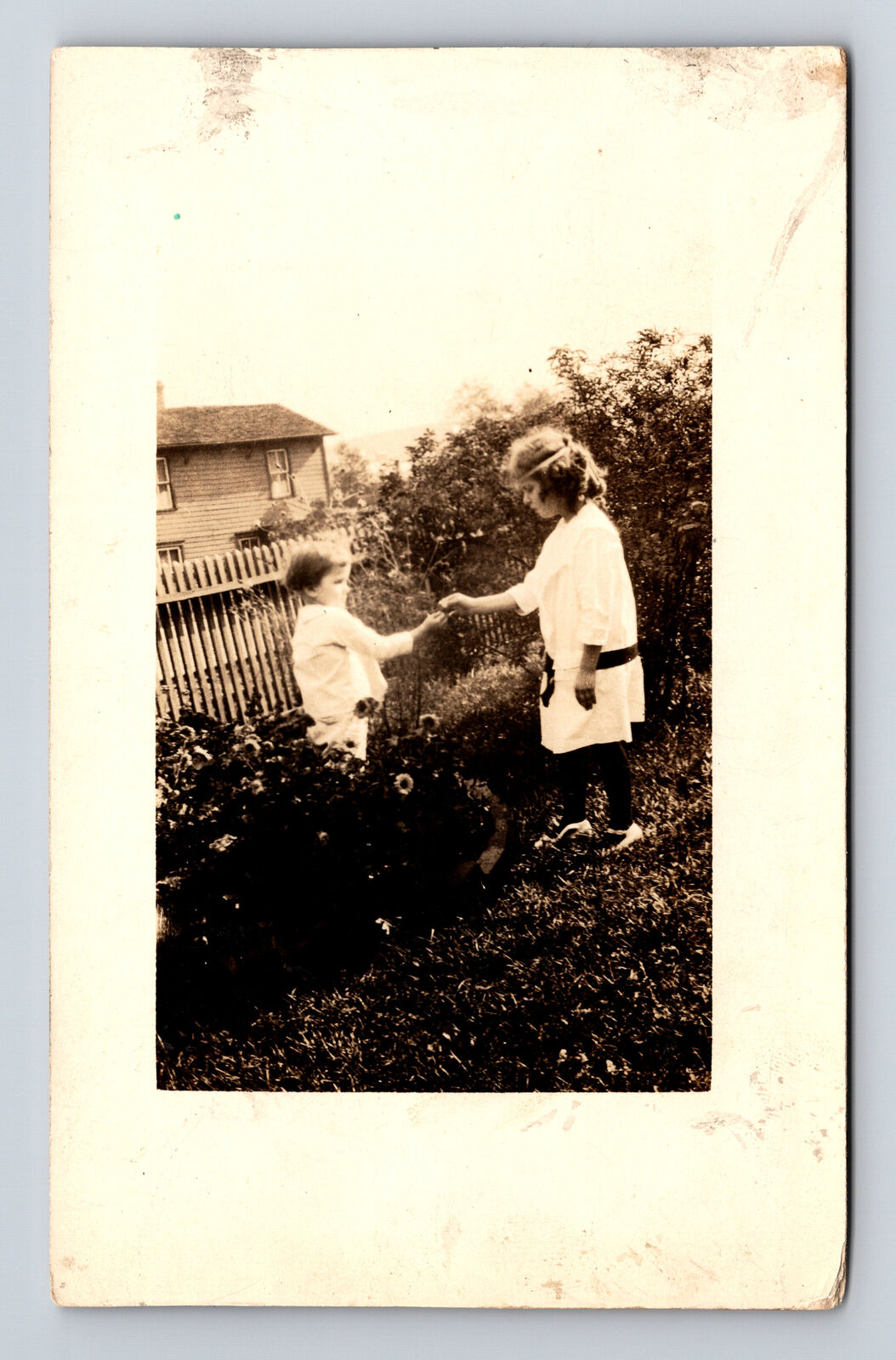 RPPC Two Girls Sisters in Home Backyard Garden Postcard