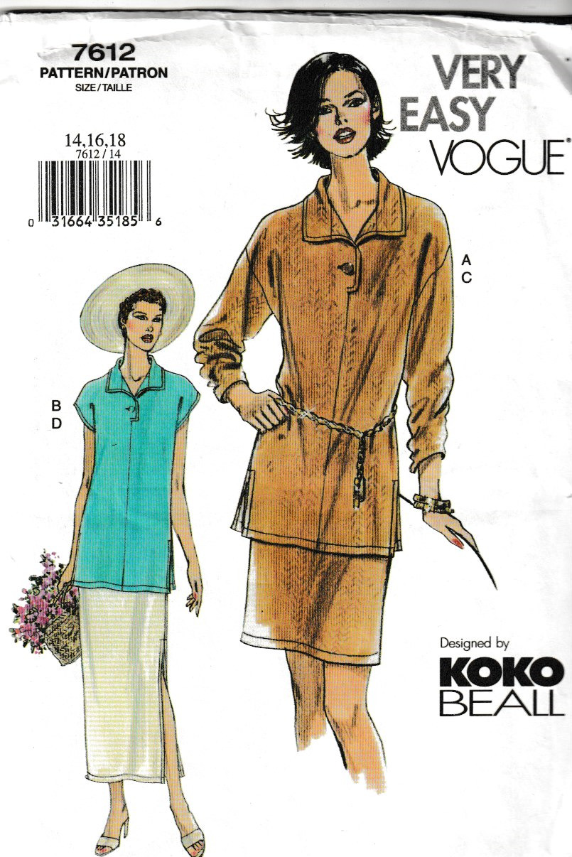 Vogue Pattern 7612  c2002, Misses Koko Beall Tunic & Skirt, Size 14-16-18, FF