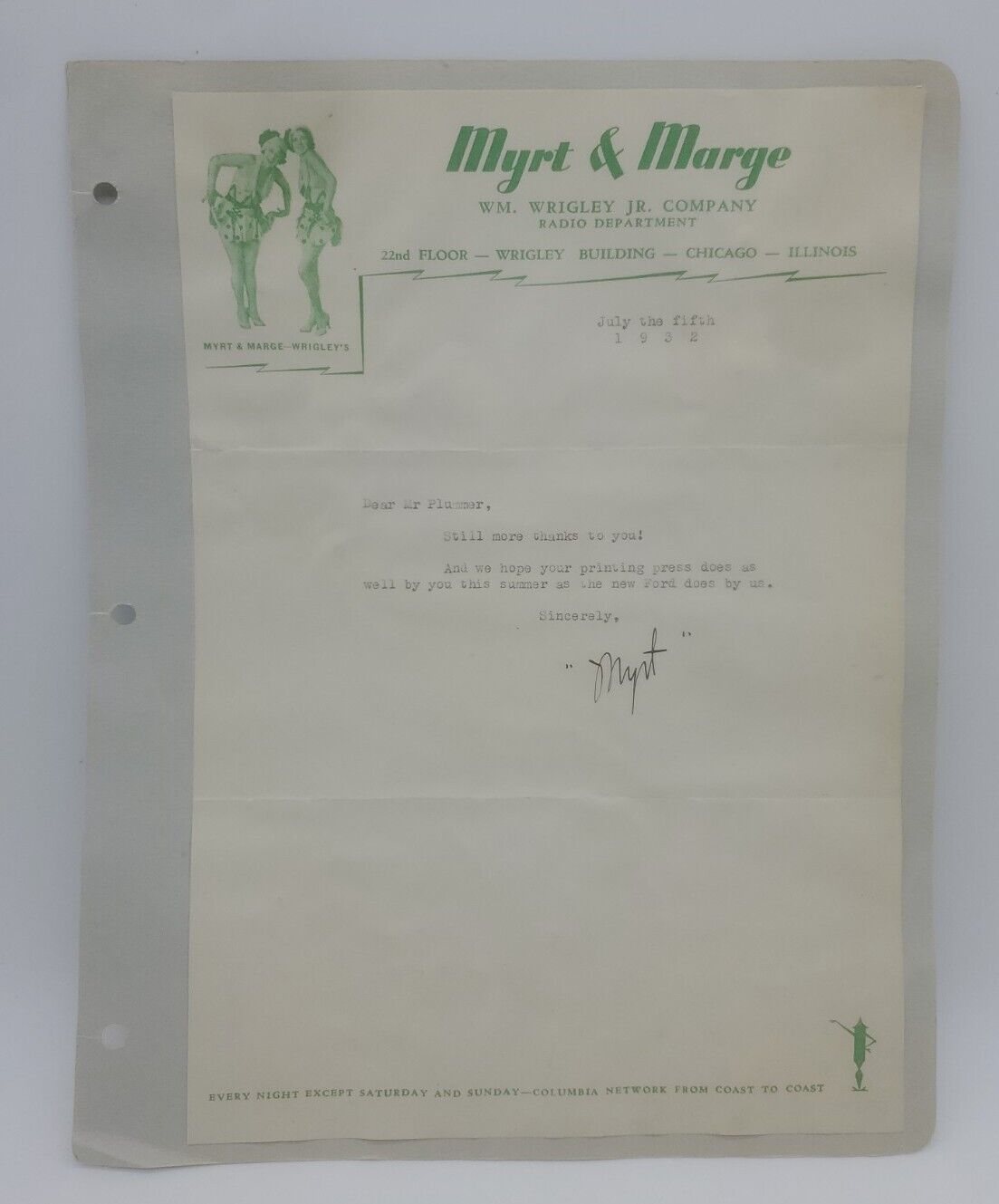 Vintage WRIGLEY\'S Myrt & Marge Radio Department Letter 1932