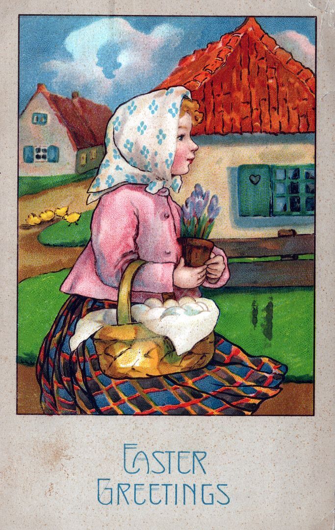 EASTER - Girl With Plant and Basket Easter Greetings Postcard - 1908