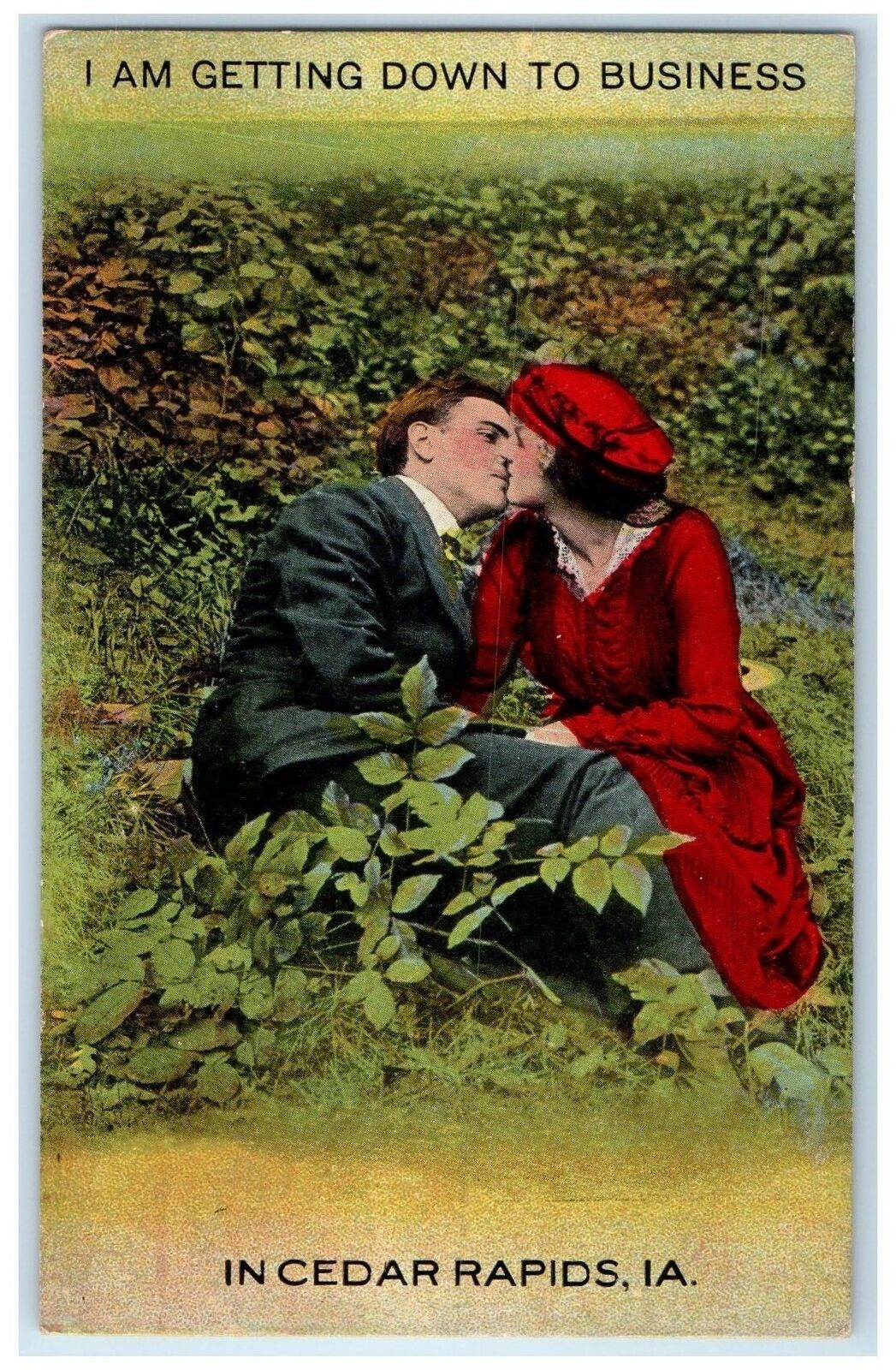 c1910's I Am Gettings Down To Business Cedar Rapids Iowa Kissing Couple Postcard