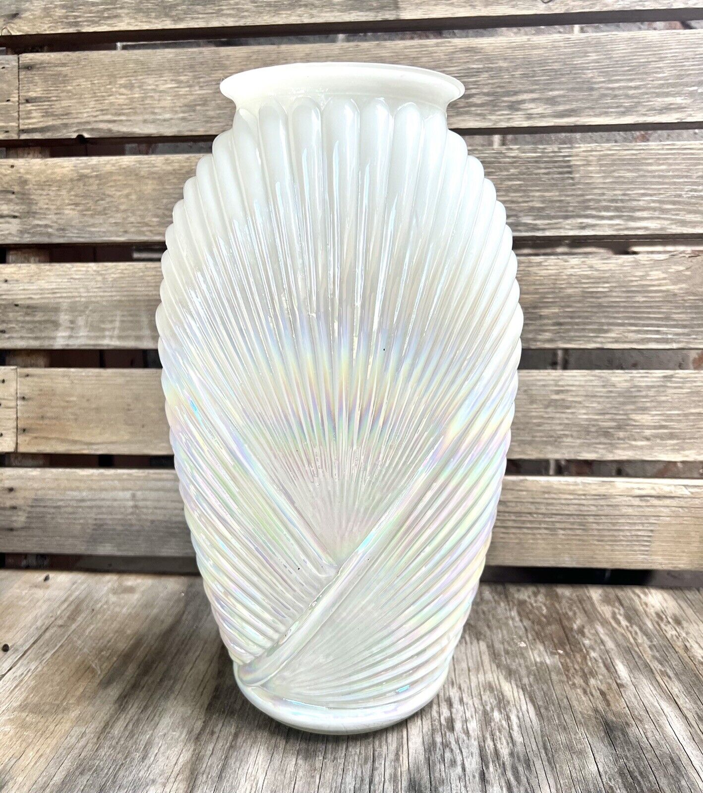 Iridescent White Glass Vase Art Deco Draped Ribbed Anchor Hocking VTG 12.5”