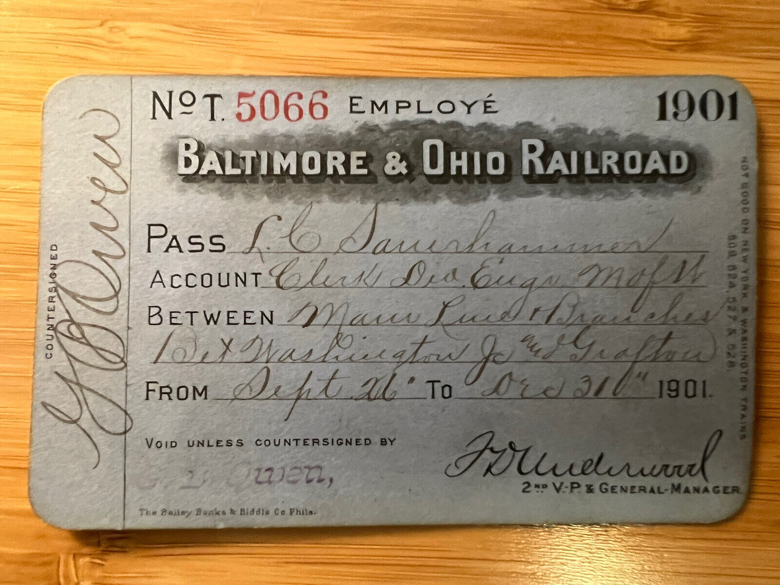 1901 BALTIMORE & OHIO RAILROAD EMPLOYEE PASS GOOD ON FREIGHT TRAIN & CUMBERLAND
