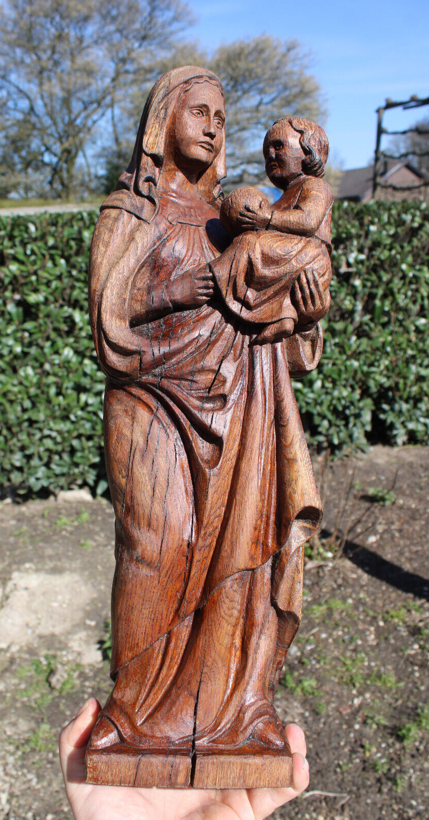Antique flemish wood carved madonna child statue figurine