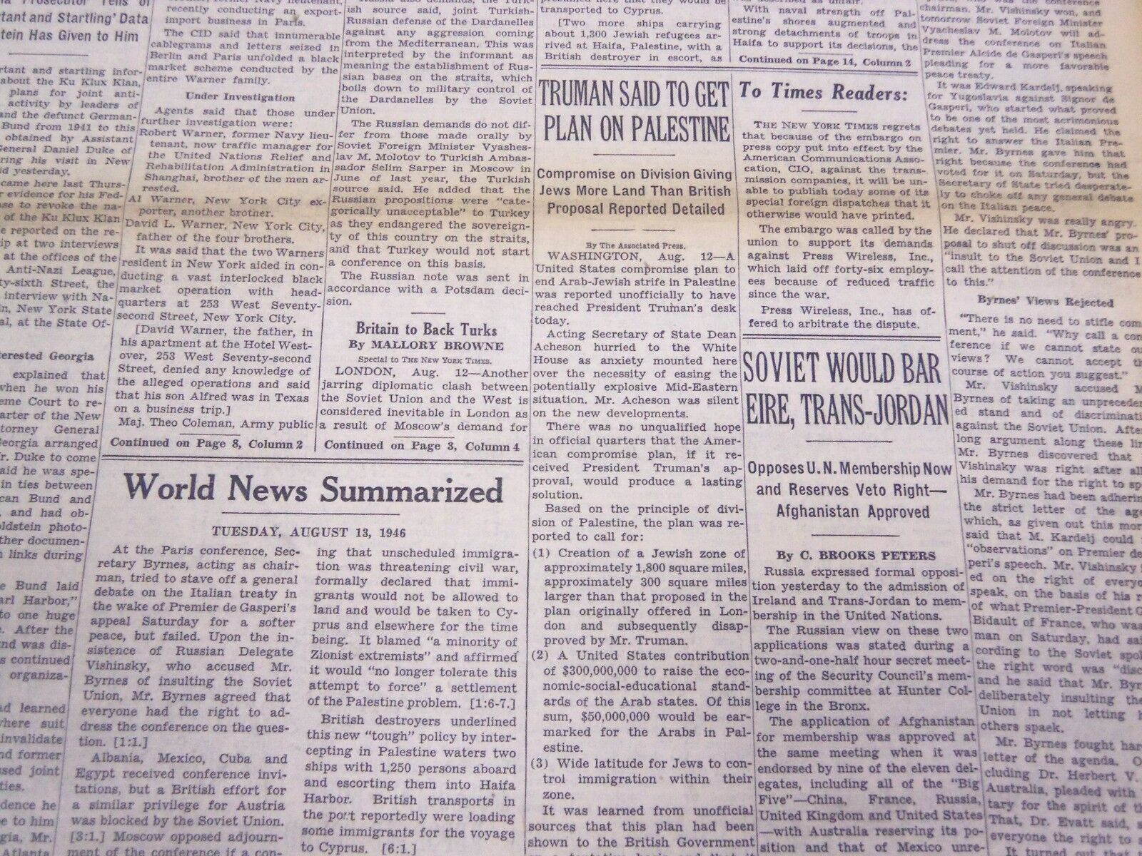 1946 AUGUST 13 NEW YORK TIMES - TRUMAN TO GET PLAN ON PALESTINE - NT 3458