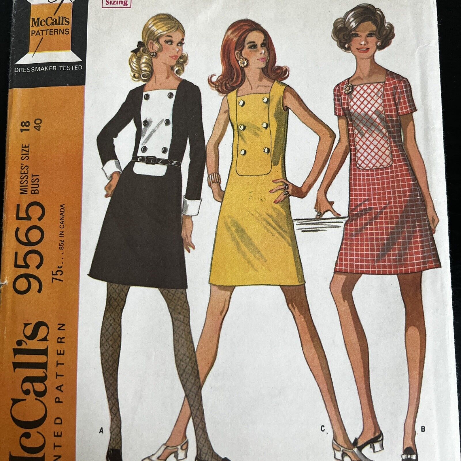 Vintage 1960s McCalls 9565 Mod Three Section Dress Sewing Pattern 18 M/L CUT