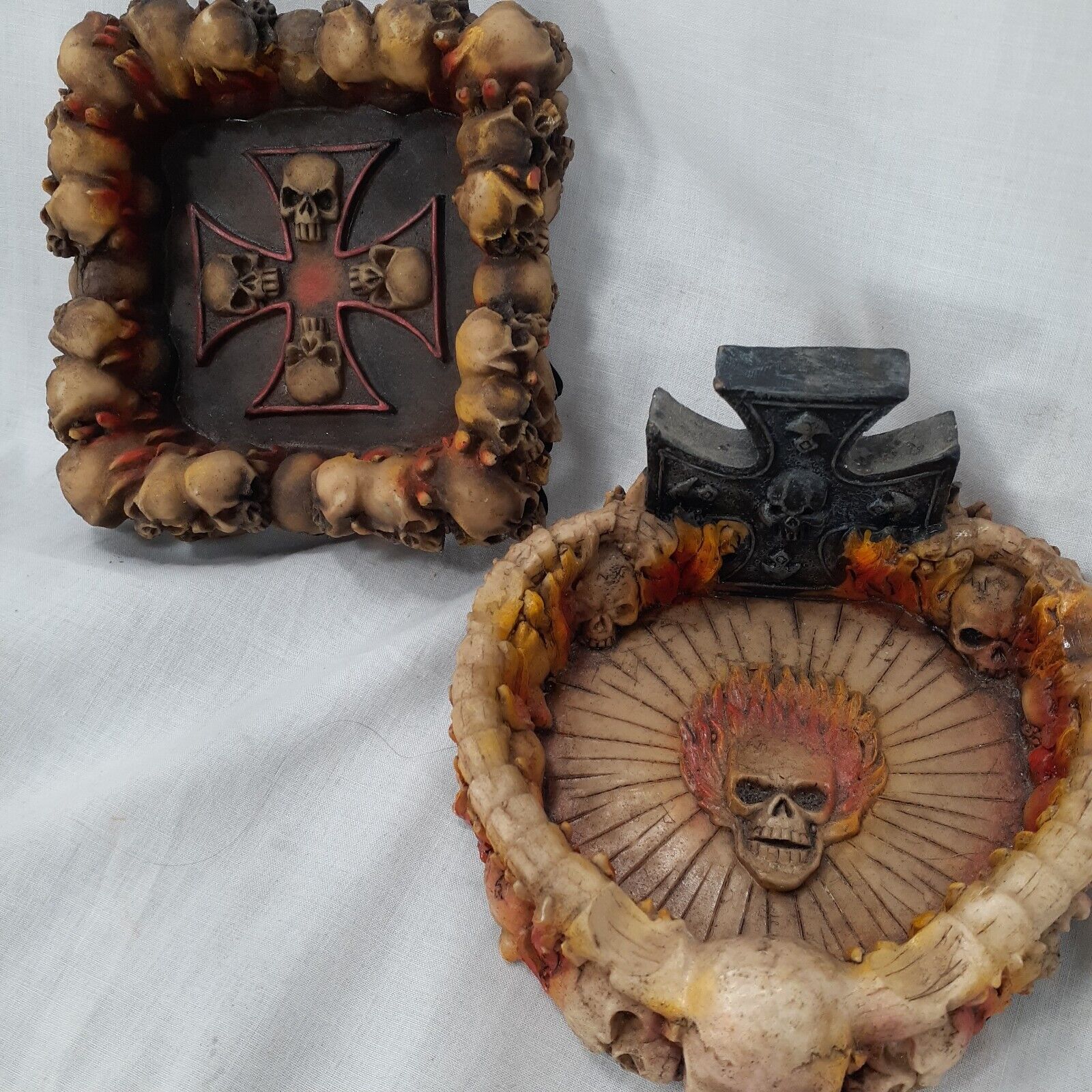Lot of 2 Skull and Cross Ashtrays or Trinket Trays Halloween Candy Dish
