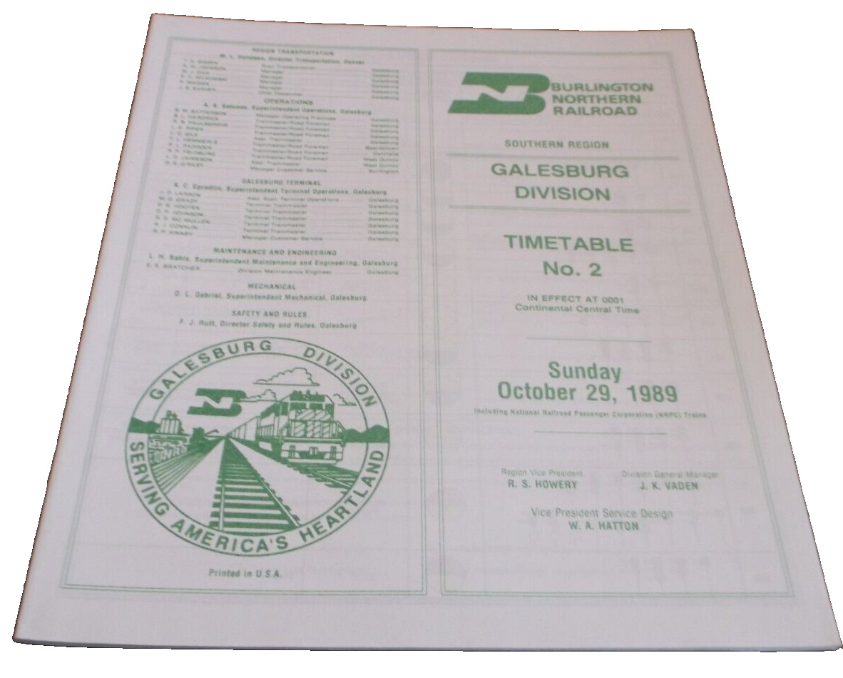 OCTOBER 1989 BURLINGTON NORTHERN GALESBURG DIVISION EMPLOYEE TIMETABLE #2