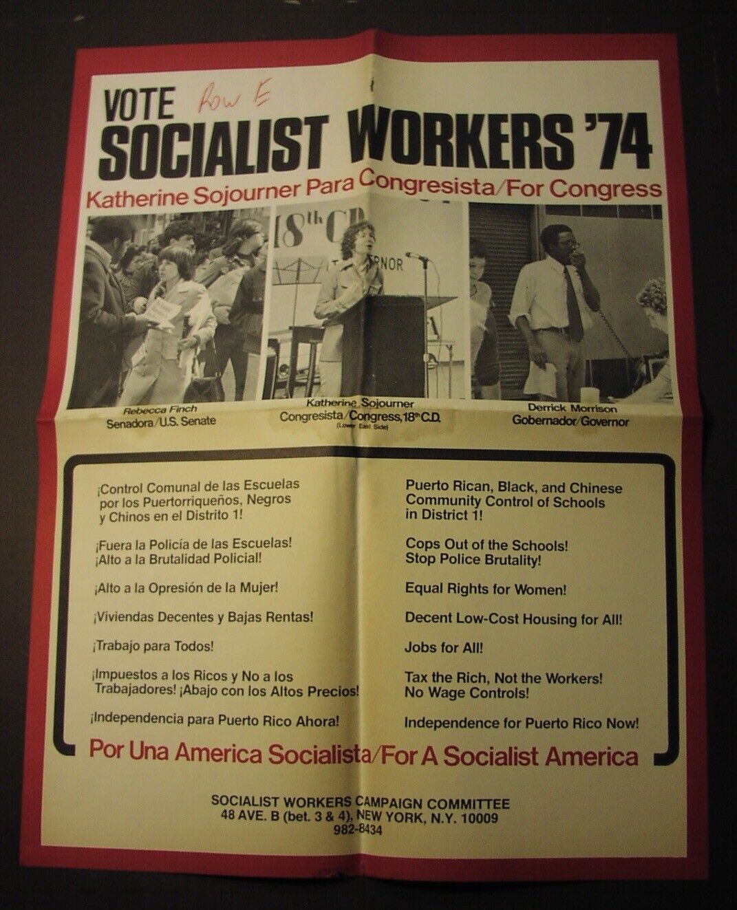 VOTE SOCIALIST WORKERS 1974 NYC campaign poster; 17x22; Morrison & Sojourner