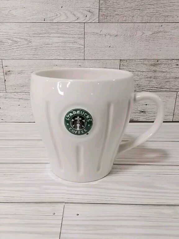 Starbucks 2003 Barista White Ribbed Coffee Mug Cup Embossed Siren Mermaid Logo