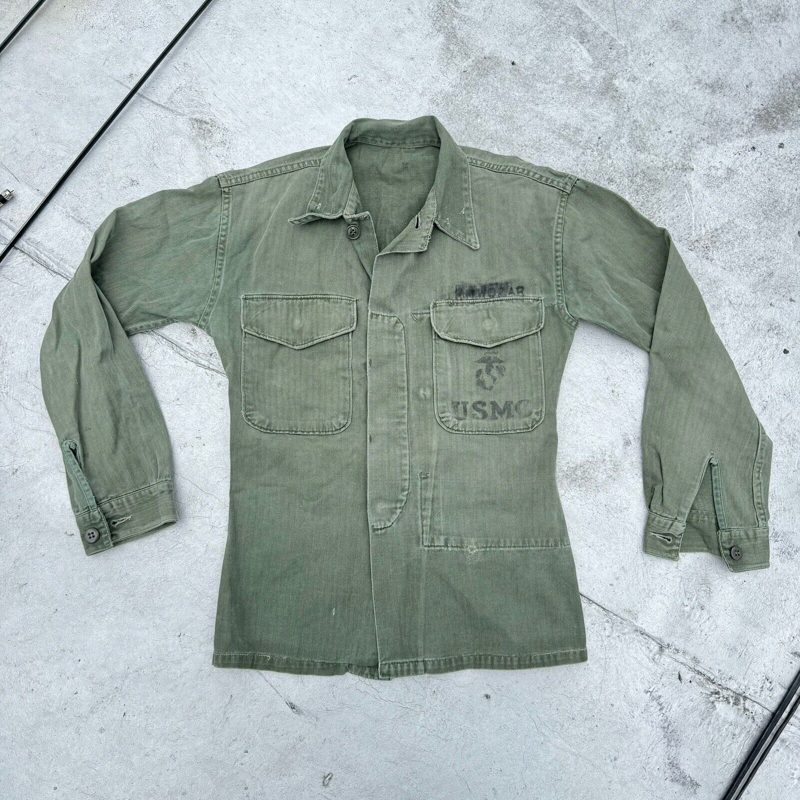 USMC P53 HBT Shirt Jacket US Military 50s Vtg Korea Vietnam Faded Small Stencil