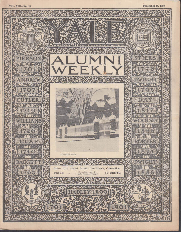 YALE ALUMNI WEEKLY 12/18 1907 No Eastern baseball trip; Buffalo Alumni; sports