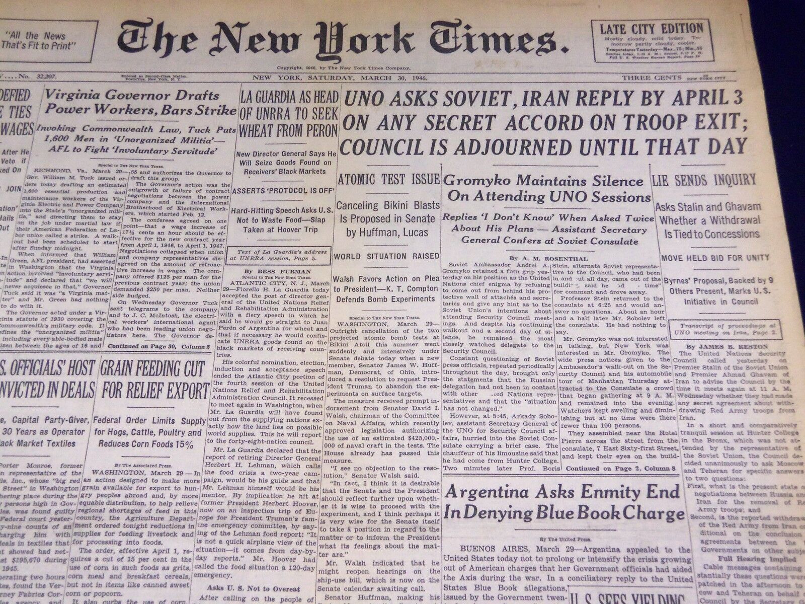 1946 MARCH 30 NEW YORK TIMES - UNO ASKS SOVIET, IRAN REPLY BY APRIL 13 - NT 2257
