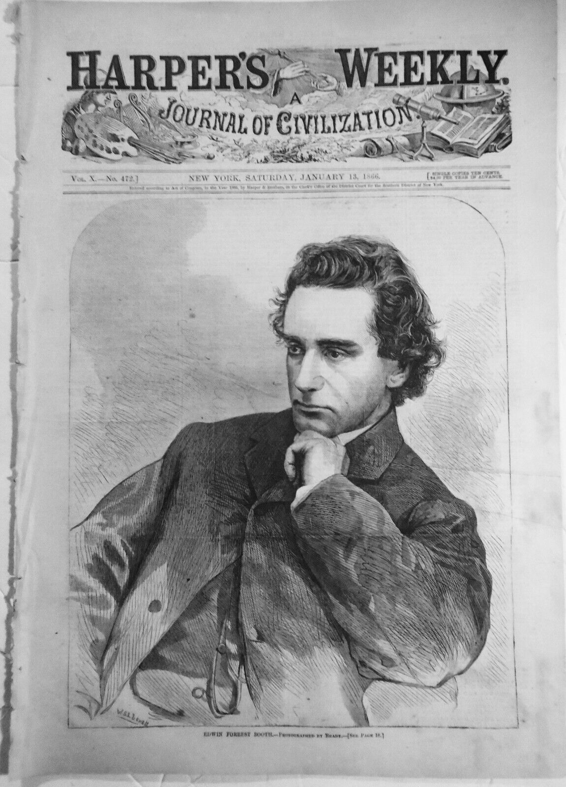 Original Harper's Weekly January 13, 1865.  Edwin Booth; Map of Alabama; Indians