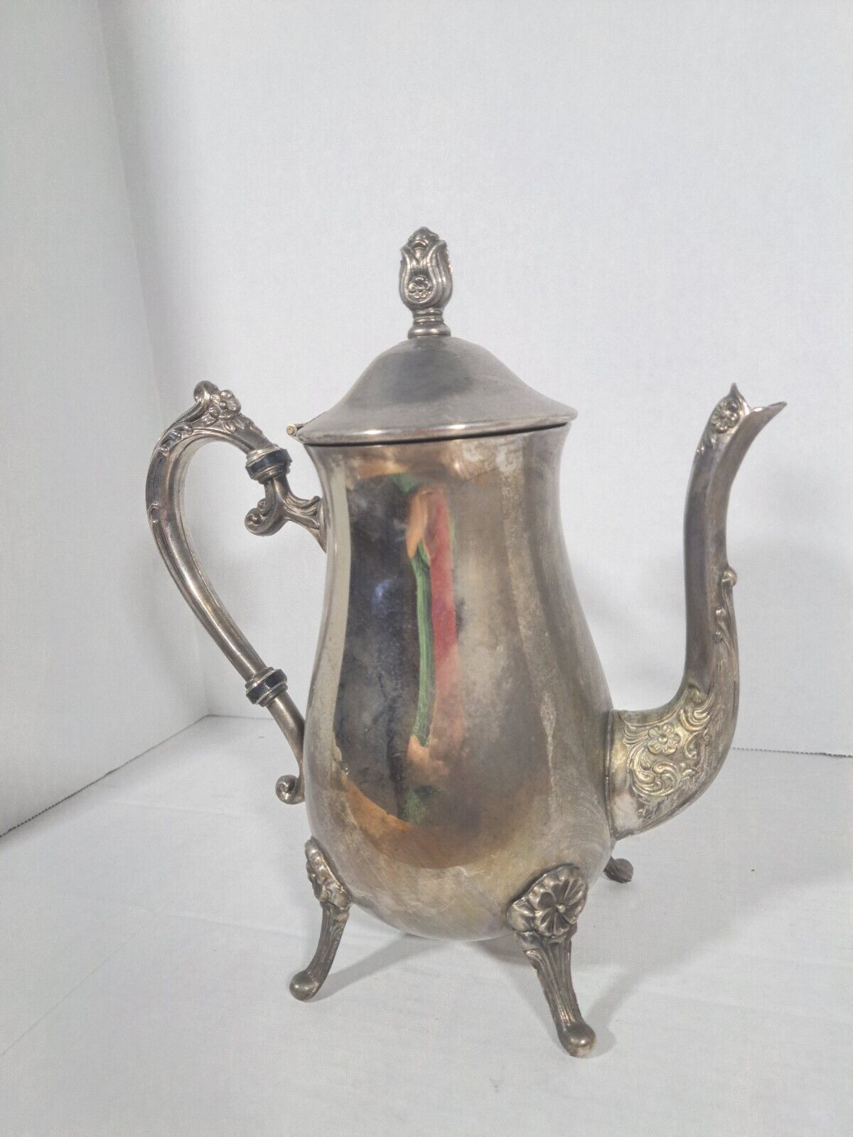 Vintage Silver Plated Metal Footed Tea Coffee Pot Hinged Lid  Indonesia