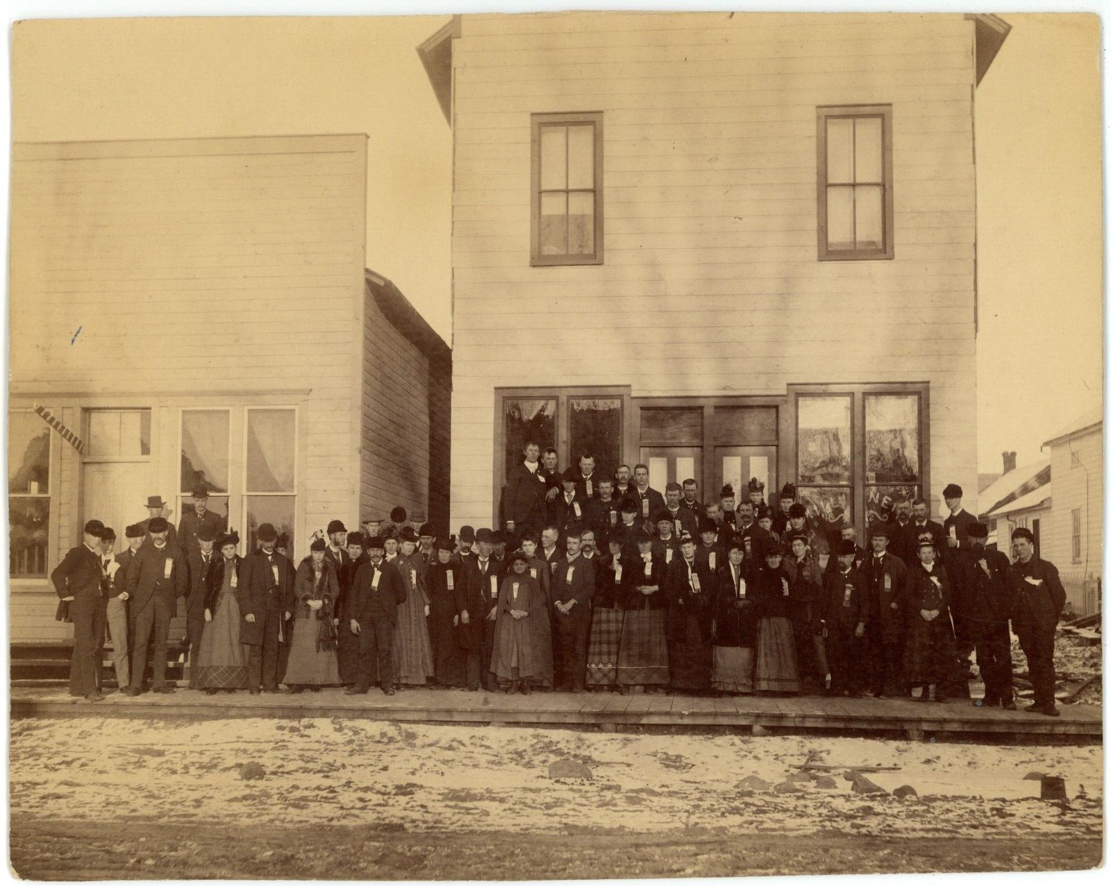 CIRCA 1880'S 9.5X7.5 Antique Photo Group People Standing In Front of Buildings